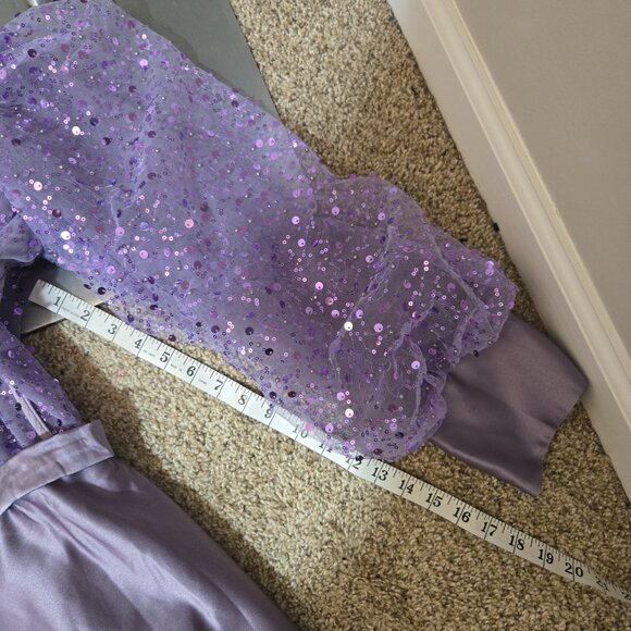Sz 14 Unbranded Light Purple/Lavender Sequin Tulle & Satin Puff Long Sleeve Gown - Picture 11 of 13